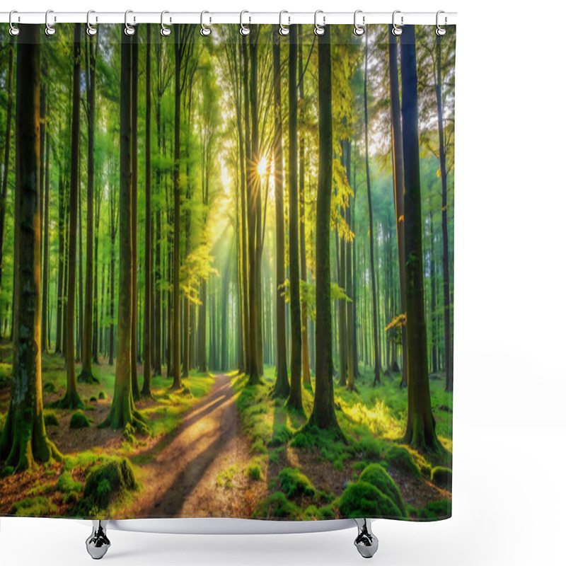 Personality  Sunbeams Through Forest Trees Shower Curtains