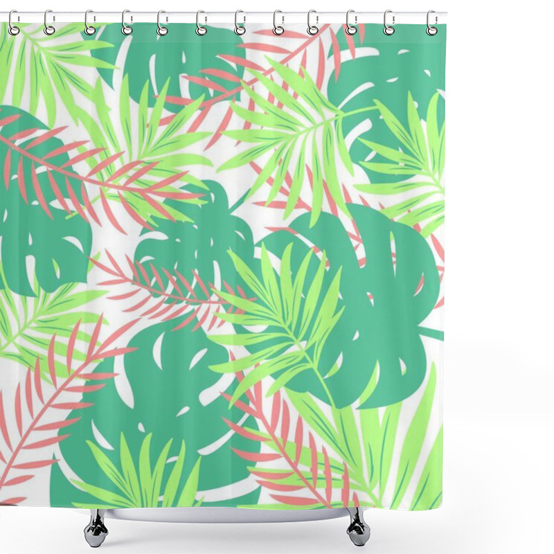 Personality  Summer Background With Leaves Pattern. White Background With Pastel Pink Blue Green Leaves Shower Curtains