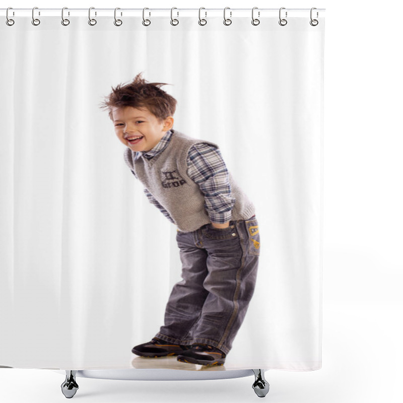 Personality  Young European Children Laughing On White Background Shower Curtains