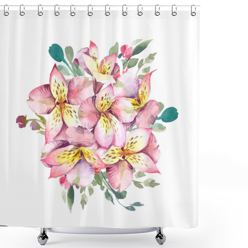 Personality  Bouquet Of Pink Flowers With Green Leaves Isolated On White Back Shower Curtains