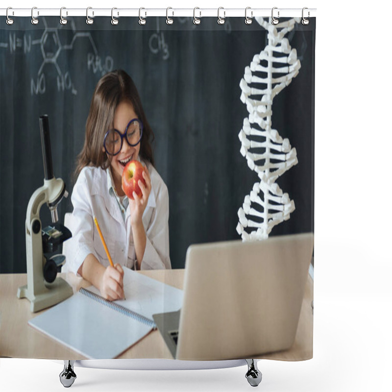 Personality  Amused Little Scientist Enjoying Homwework In The Laboratory Shower Curtains