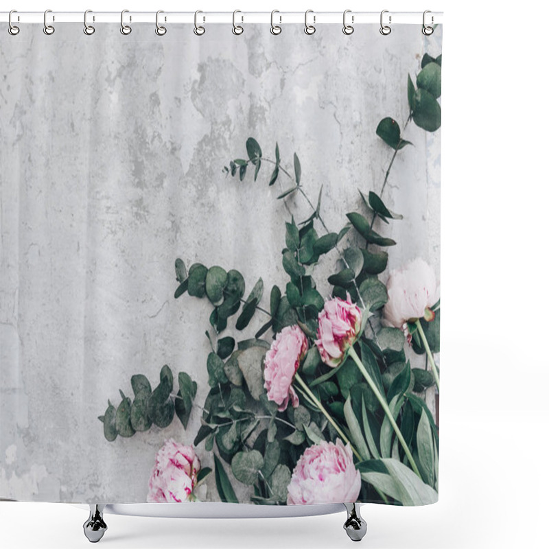 Personality  Flat Lay Pink Peonies On Stone Background With Eucalyptus . Creative Floral Image. Happy Mother's Day. International Womens Day. Greeting Card Mockup Shower Curtains