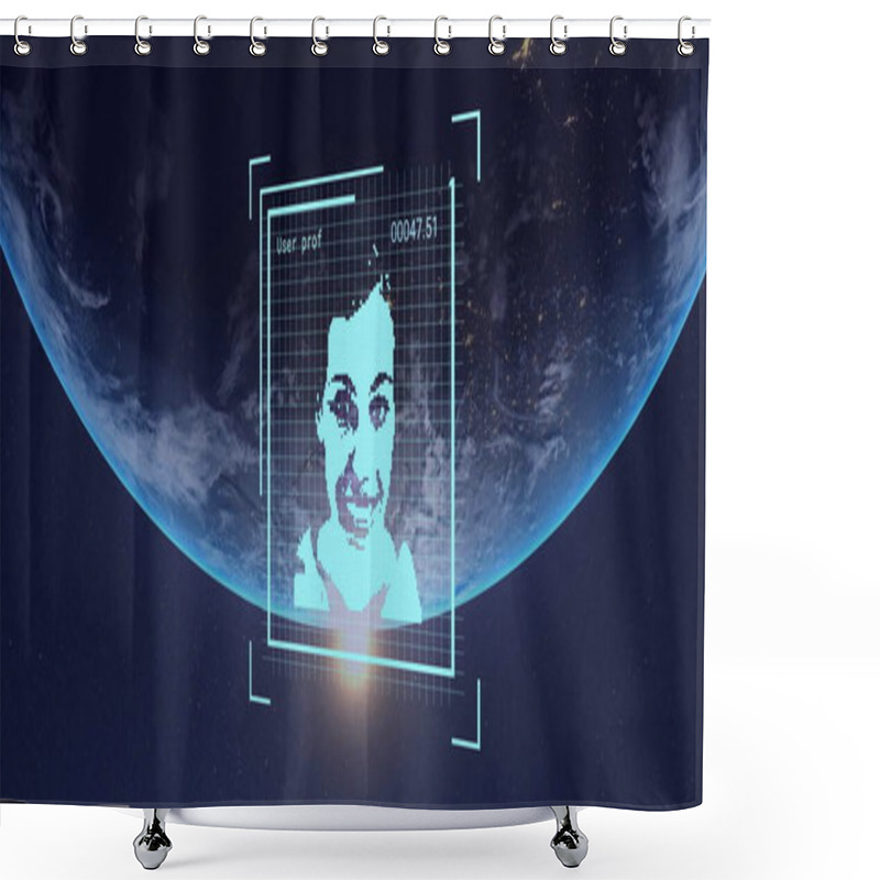 Personality  Image Of Biometric Photo And Digital Data Processing Over Globe. Global Finance, Business, Connections, Computing And Data Processing Concept Digitally Generated Image. Shower Curtains