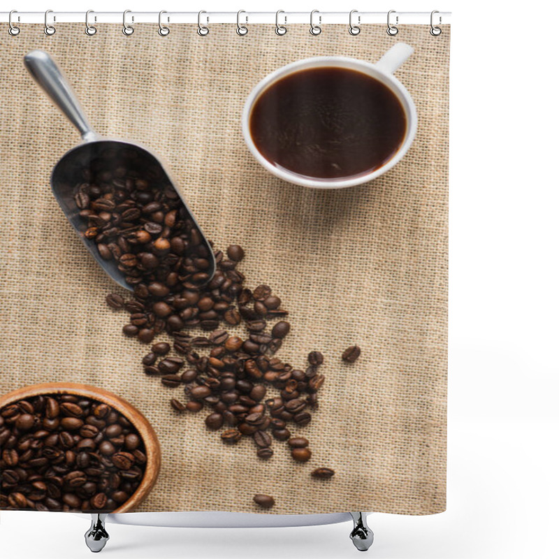 Personality  Top View Of Cup, Metal Scoop With Coffee Beans And Bowl On Sackcloth Shower Curtains