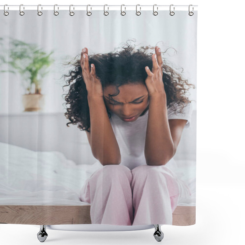 Personality  Unhappy African American Woman Holding Hands Near Head While Suffering From Headache In Bedroom Shower Curtains