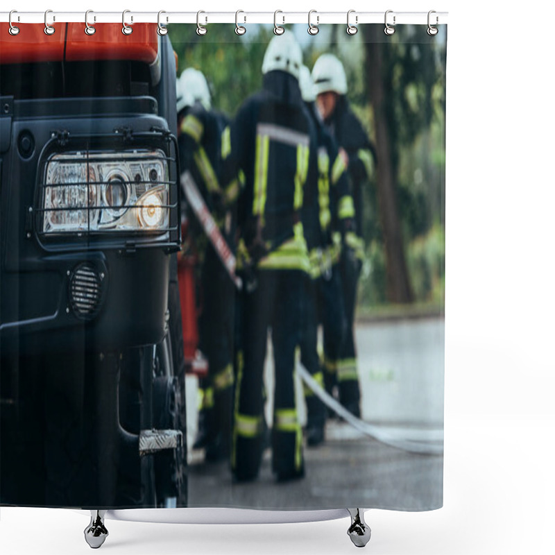 Personality  Selective Focus Of Firefighters Brigade Standing At Fire Truck On Street Shower Curtains