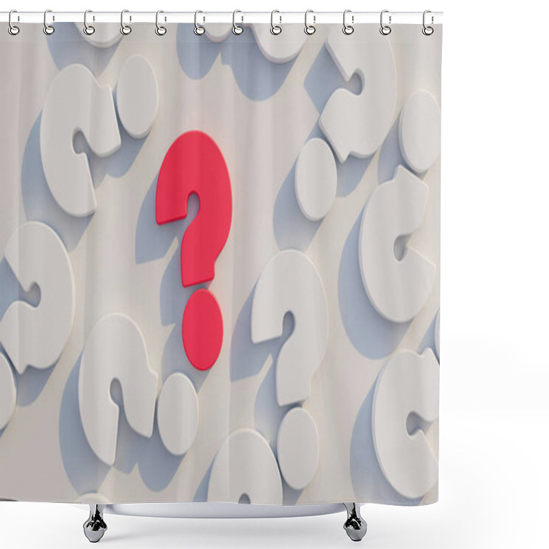 Personality  Question Symbols Lying On Flat Surface. Quiz, Questionnaire, Examination, Education, Study Concept. Top View. 3D Rendering Illustration.   Shower Curtains