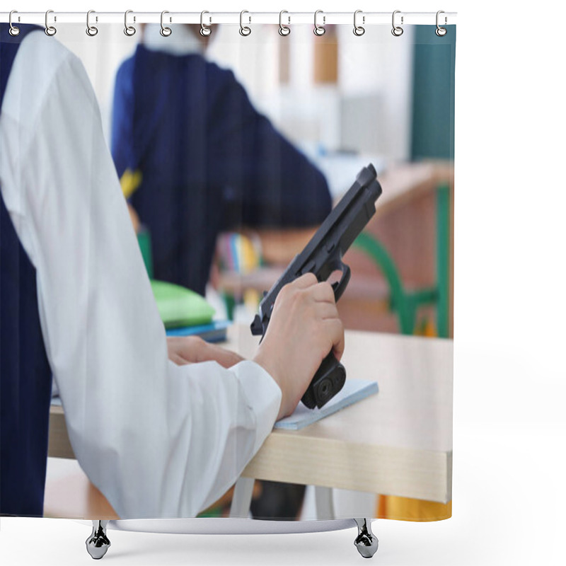 Personality  Schoolboy Holding Gun In Classroom Shower Curtains