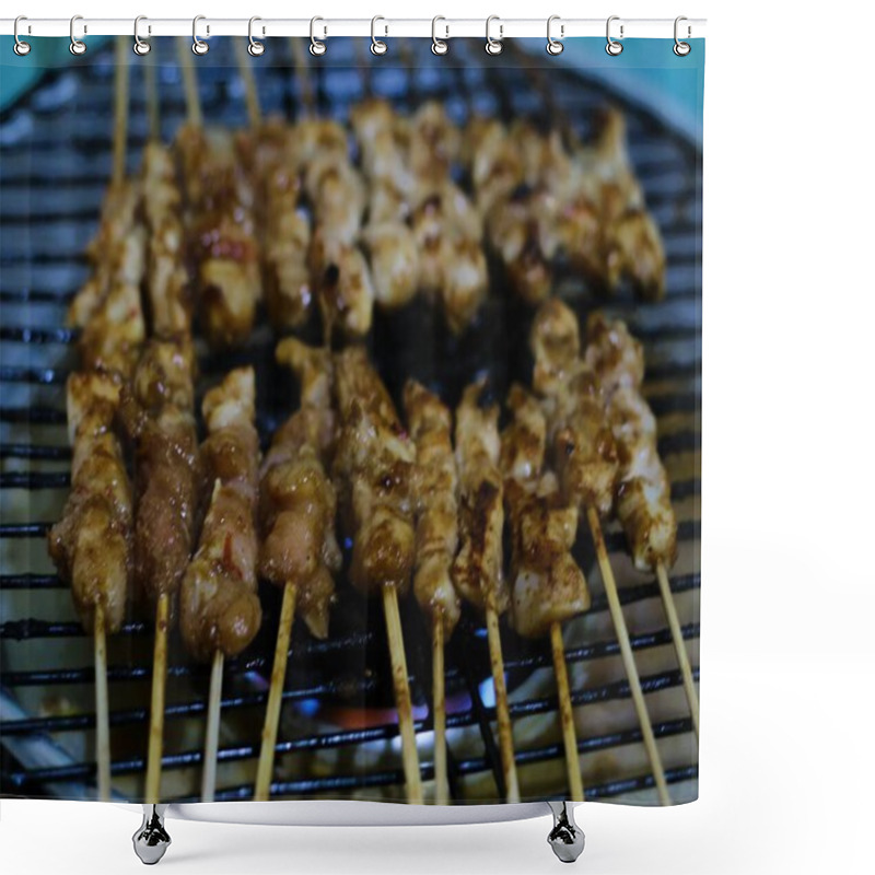 Personality  Sate Ayam, Grilled Chicken Satay, A Classic Indonesian Dish, Features Skewered Chicken Cooked Over Embers, Served With A Rich Peanut Sauce And A Side Of Fiery Sambal For A Truly Authentic Taste Of Indonesia.  Shower Curtains