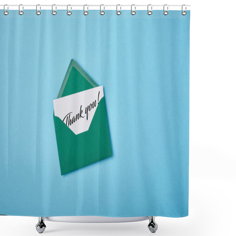 Personality  Green Envelope And White Card With Thank You Letting On Blue Background Shower Curtains