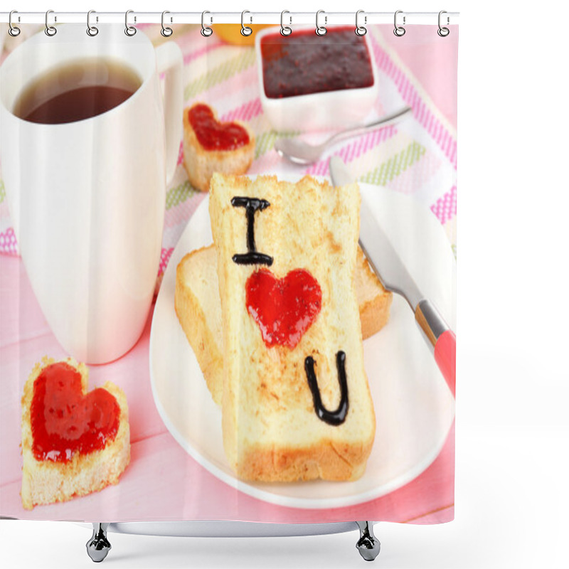 Personality  Delicious Toast With Jam And Cup Of Tea On Table Close-up Shower Curtains