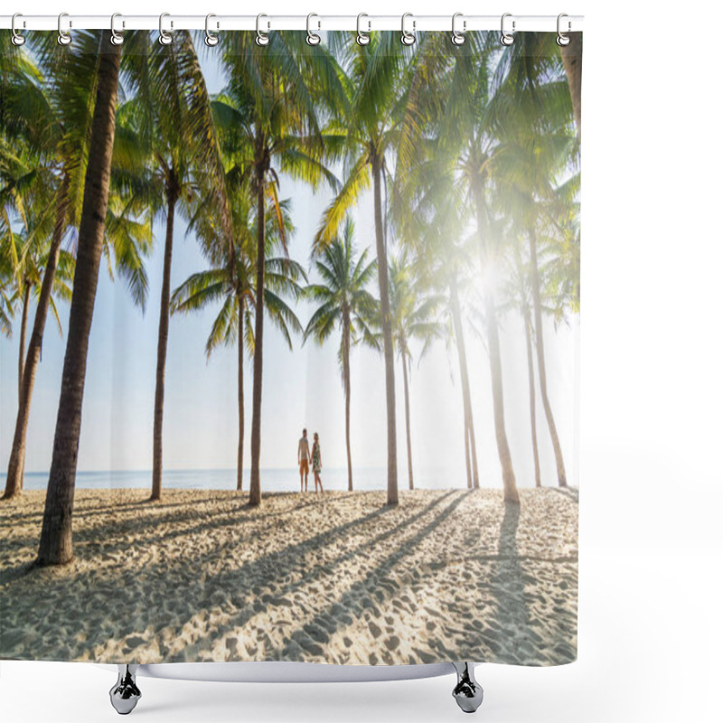 Personality  Couple Standing On Sandy Beach Among Palm Trees On Sunny Morning Shower Curtains