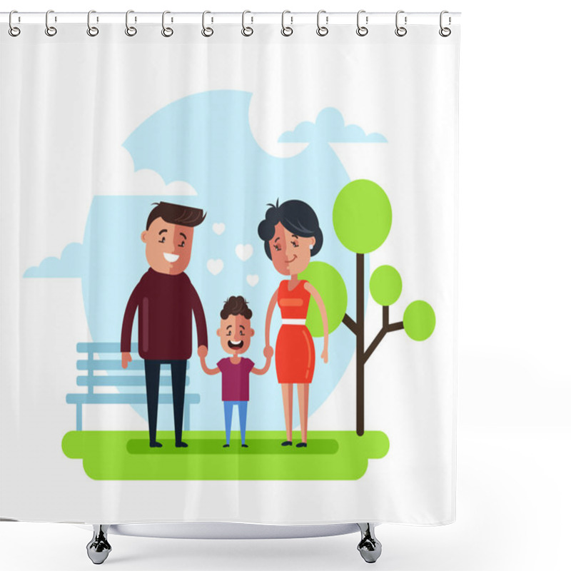 Personality  Happy Smiling Family Mother Father And Son Child Walking In Public Park. Happy Family Relationship Concept. Vector Flat Cartoon Graphic Design Isolated Illustration Shower Curtains