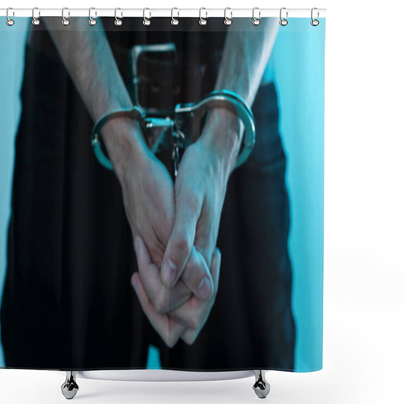 Personality  Prisoner Concept, Handcuffed Hands Of A Prisoner In Prison, Male Prisoners Were Severely Strained In The Dark Prison, Violence. High Quality Photo Shower Curtains