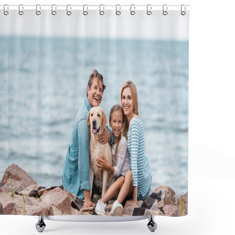 Personality  Selective Focus Of Family Looking At Camera While Petting Golden Retriever On Seaside  Shower Curtains