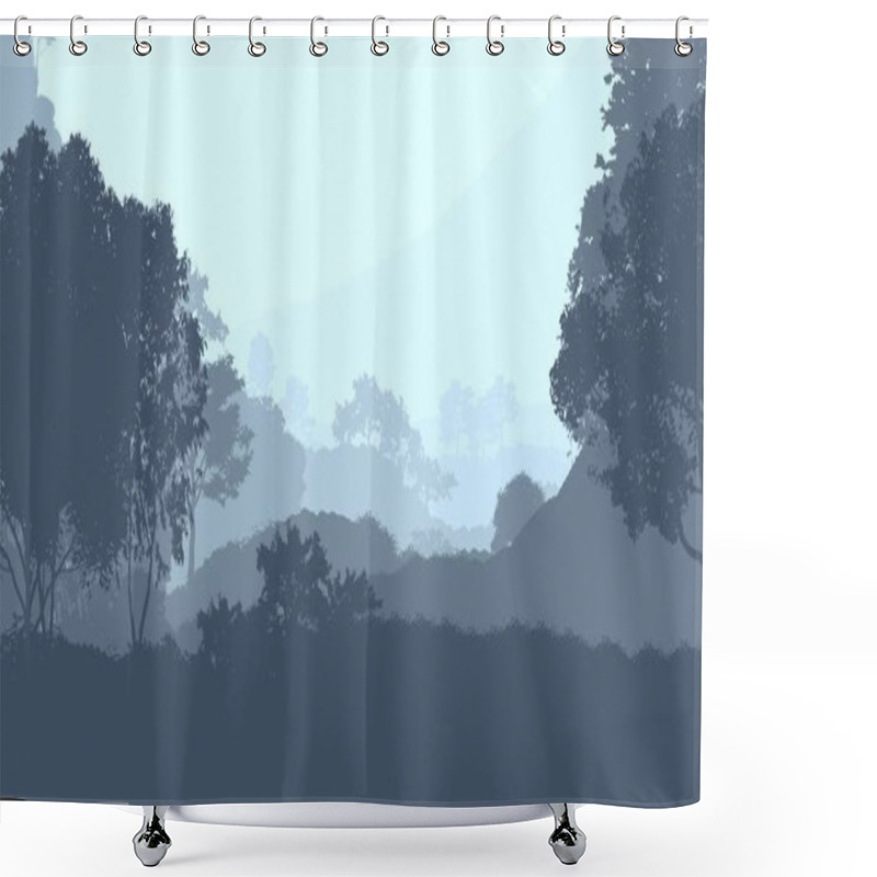 Personality  Abstract Silhouetted Background With Foggy Forest Trees Shower Curtains