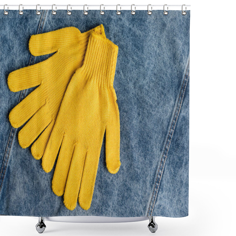 Personality  Top View Of Yellow Work Gloves On Blue Denim Fabric, Labor Day Concept Shower Curtains