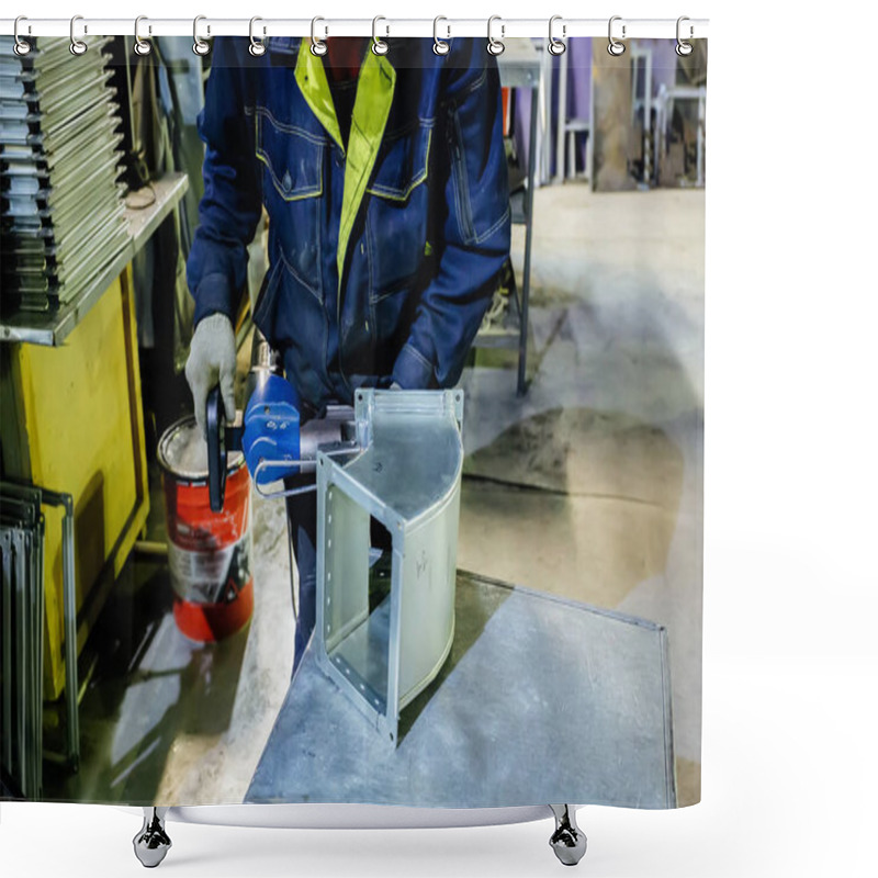 Personality  Worker In Metalworking Plant Installing A Rivets Into Part For C Shower Curtains