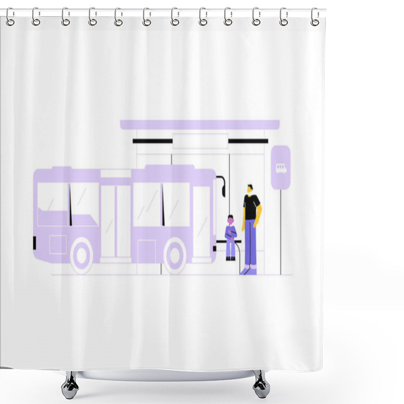 Personality  Public Bus Stopped At A Bus Shelter With A Male And A Female Character, Representing Urban Commuting, Waiting For Buses, And Public Transportation Services. Shower Curtains