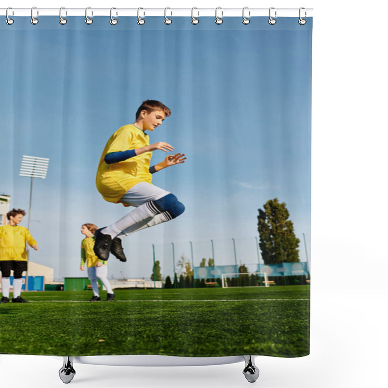 Personality  A Skilled Young Man Is Seen Kicking A Soccer Ball On Top Of A Vast Field. His Precise Technique And Focused Demeanor Showcase Dedication And Passion For The Sport. Shower Curtains