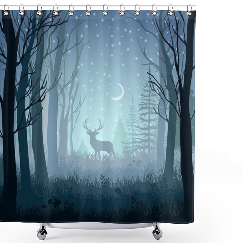 Personality  Winter Landscape With Deer In The Forest At Night Background Shower Curtains