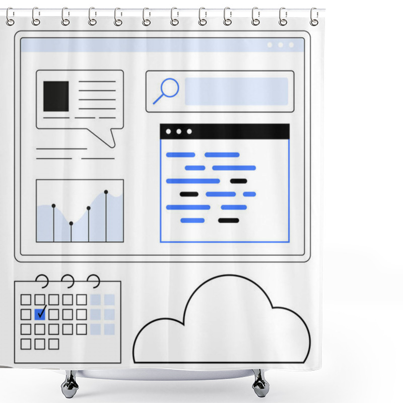 Personality  Dashboard Screen With A Graph, Chat Bubble, Search Bar, Coding Window, Calendar, And Cloud Symbol. Ideal For Project Management, Software Development, Data Analysis Productivity Tools Team Shower Curtains