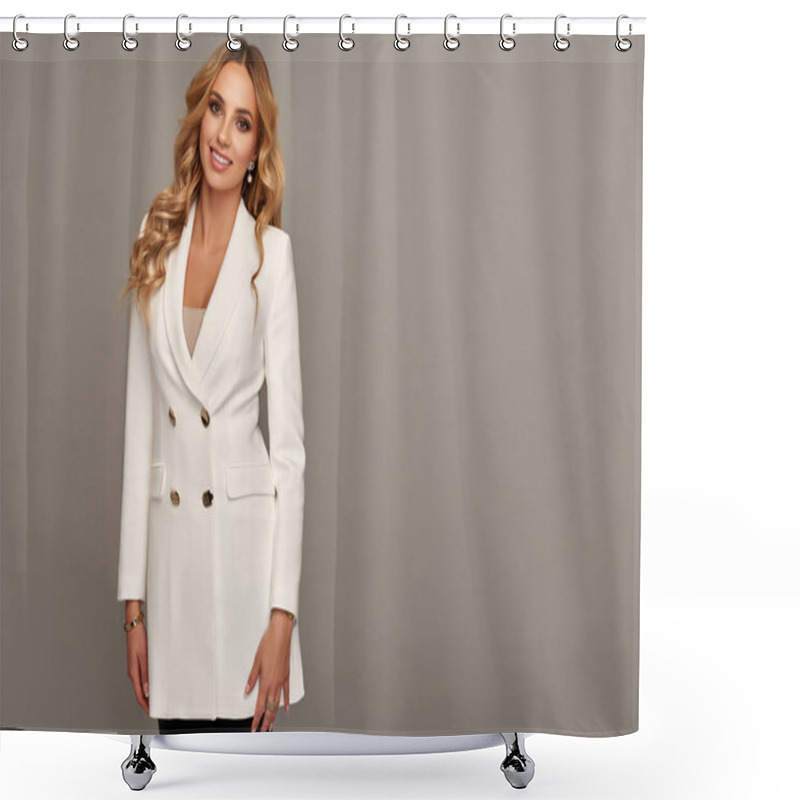 Personality  Blonde Smiling Woman In Luxury Clothes Over Gray Background Shower Curtains