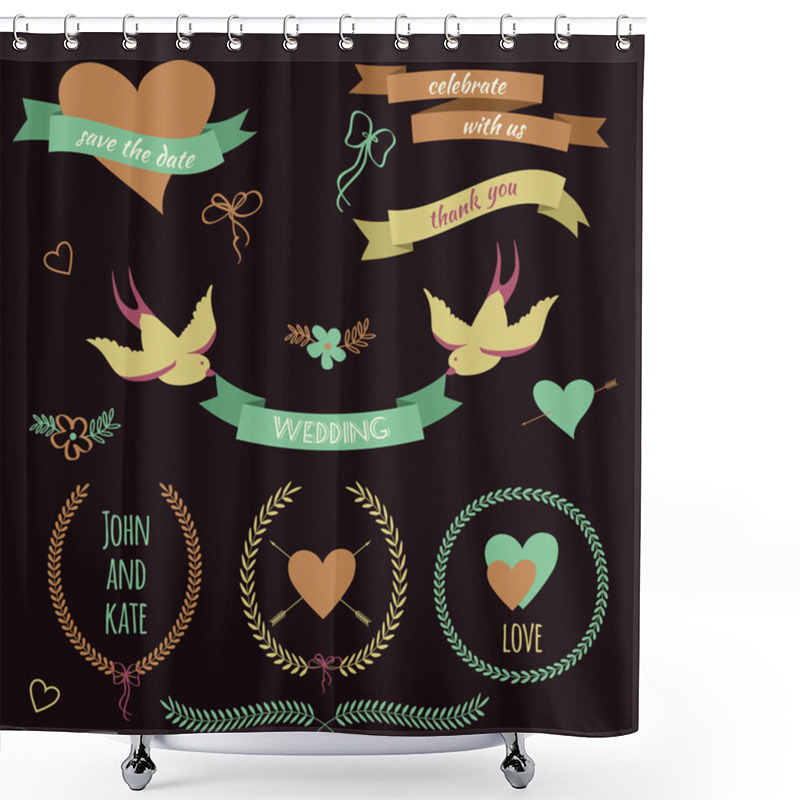 Personality  Vector Wedding Set With Birds, Hearts, Arrows, Ribbons, Wreaths, Shower Curtains