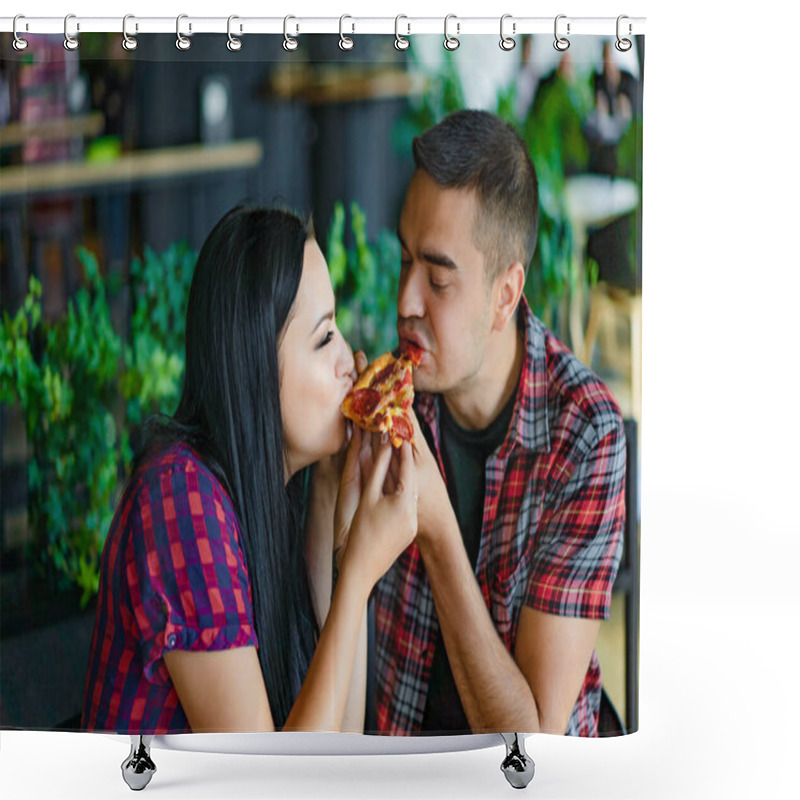 Personality  A Young Couple Sits At A Table In A Restaurant, Enjoying A Slice Of Pizza. Shower Curtains