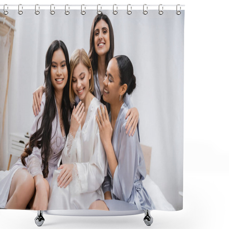 Personality  Four Women, Bridal Party, Joyful Blonde Bride And Her Interracial Bridesmaids Sitting On Bed Together, Happiness, Silk Robes, Engagement Ring, Brunette And Blonde, Best Friends, Diversity, Laughter  Shower Curtains