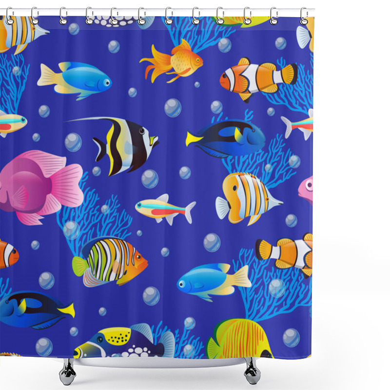 Personality  Colorful Cute Sea Fishes Collection On Blue Water Background. Vector Seamless Pattern. Cartoon Aquarium Kids Textile Print Design. Tropical Marine Life Cartoon Illustration. Shower Curtains