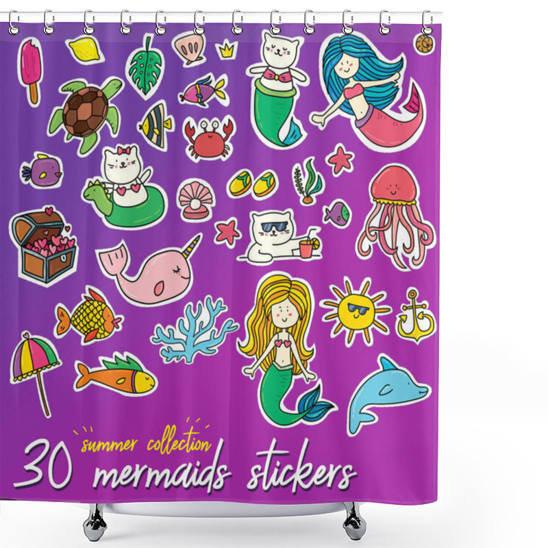 Personality  Colorful Cartoon Style Summer Sea Mermaids Illustration Elements Set. Underwater Life In Cute Sticker Badges Collection. Ready To Use Pin Design Shower Curtains