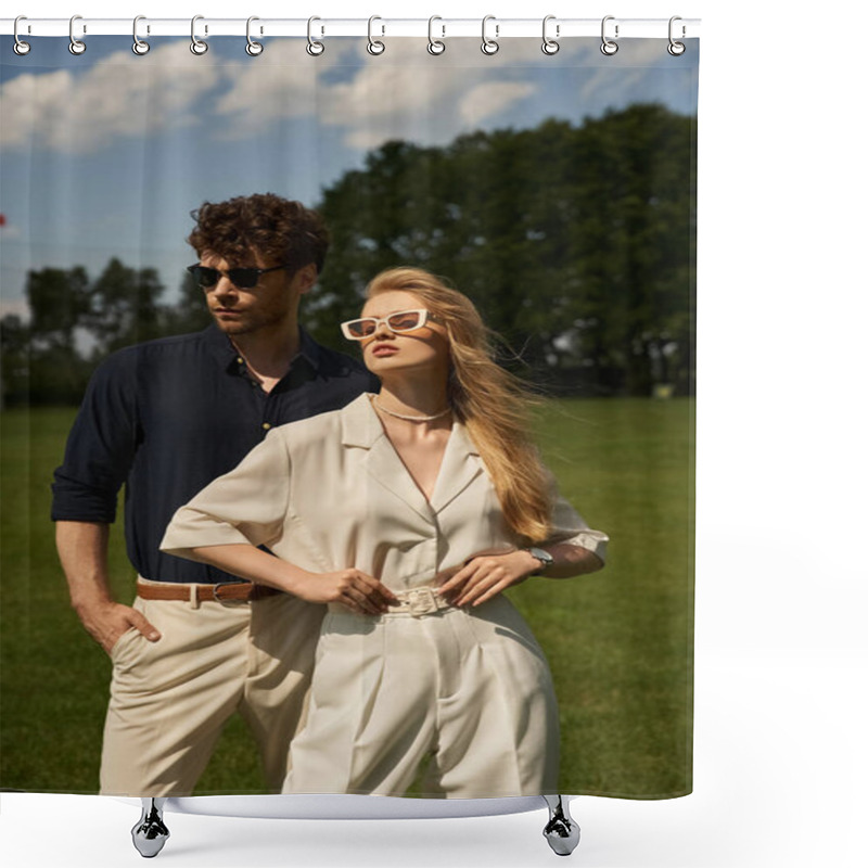 Personality  A Dapper Man And A Stylish Woman Pose Gracefully In A Lush Field, Embodying Old Money Charm And A Lavish Lifestyle. Shower Curtains