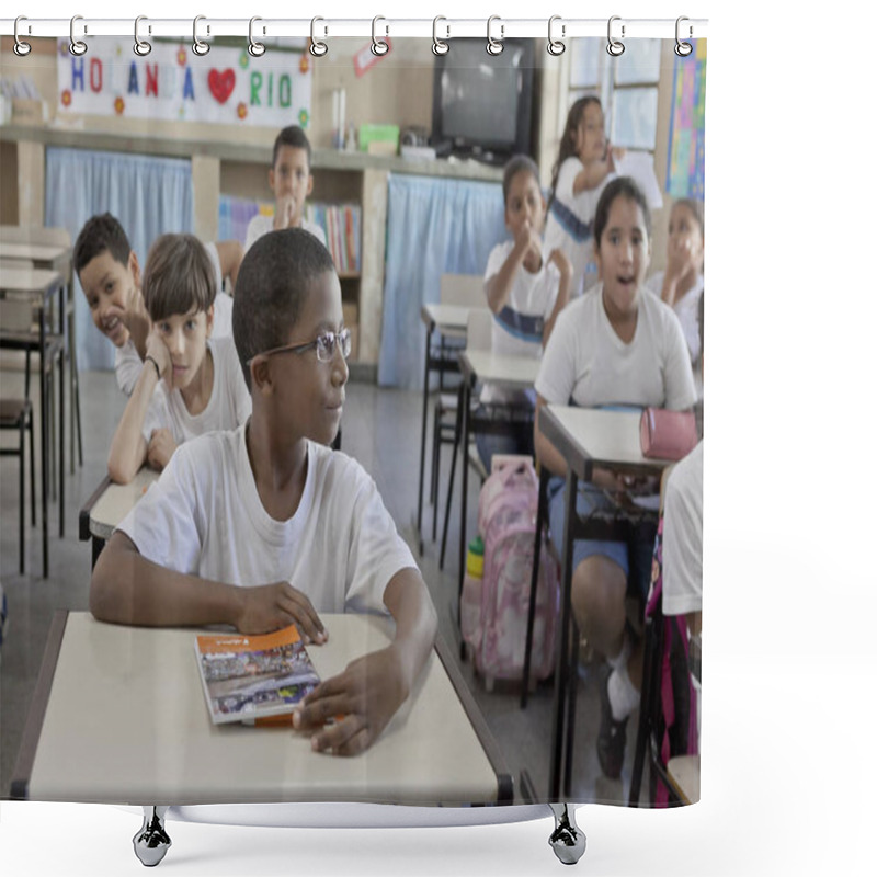 Personality  Rio De Janeiro, Brazil - July 2, 2015: Schoolboy With Glasses In School Uniform Sitting At His Desk Looking Off To The Side With Attention With Classroom And Classmates In The Background Shower Curtains