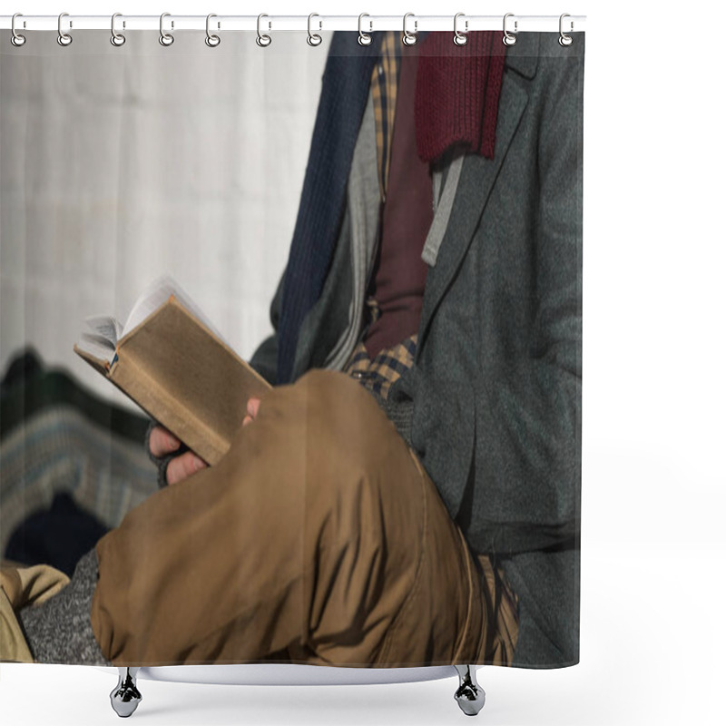 Personality  Cropped View Of Homeless Man Reading Book While Sitting By White Brick Wall Shower Curtains