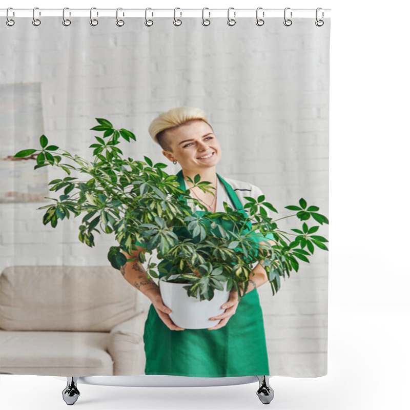 Personality  Eco-conscious Lifestyle, Carefree And Dreamy Tattooed Woman Holding Green Foliage Plant In Flowerpot And Looking Away In Modern Apartment, Sustainable Home Decor And Green Living Concept Shower Curtains