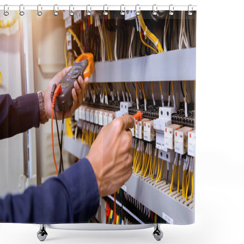 Personality  Electrician Measurements With Multimeter Testing Current Electric In Control Panel. Shower Curtains