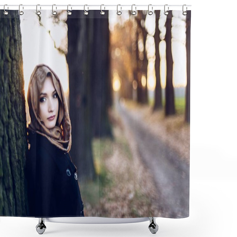 Personality  Young Sad Arabic Woman In Hijab Outdoors Shower Curtains