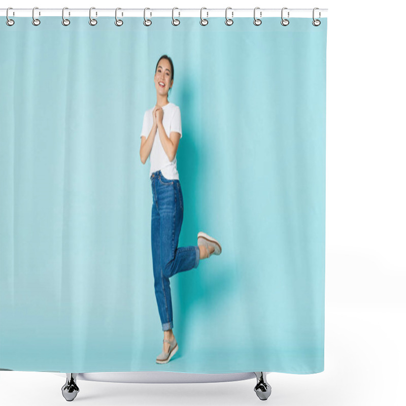 Personality  Fashion, Beauty And Lifestyle Concept. Romantic And Dreamy Beautiful Asian Girl In Casual Outfit Looking Lovely With Temptation At Camera, Clasp Hands Together Posing Over Light Blue Background Shower Curtains