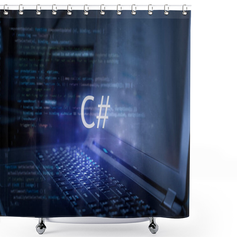 Personality  C# Inscription Against Laptop And Code Background. Learn C Sharp Programming Language, Computer Courses, Training.  Shower Curtains