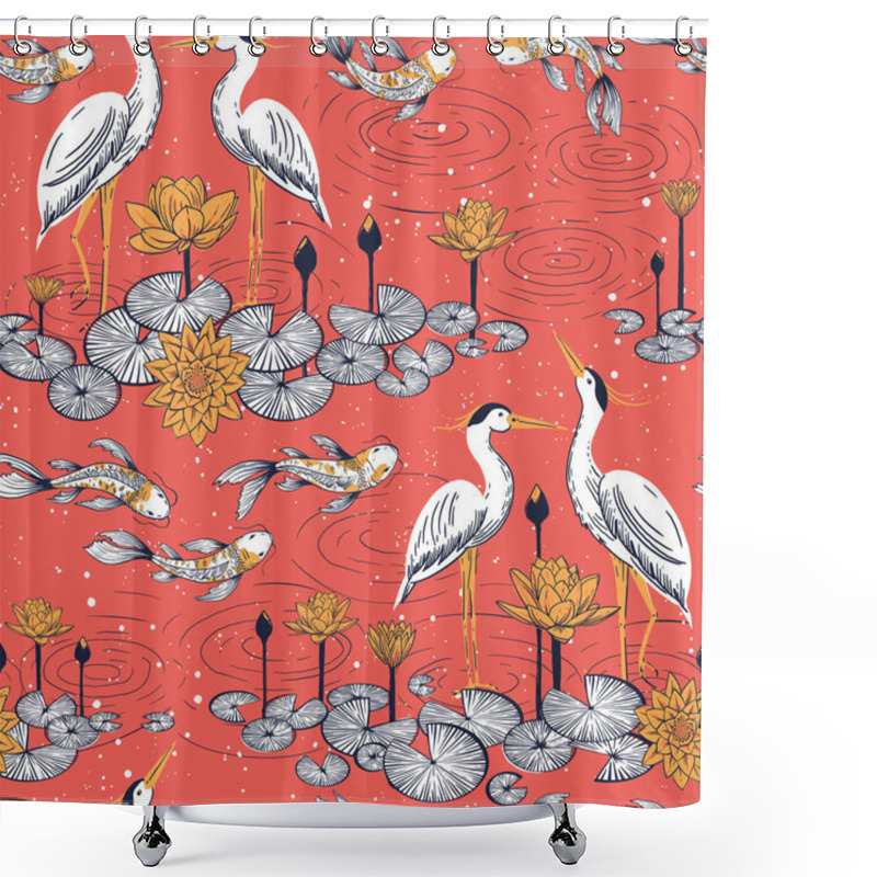 Personality  Vector Seamless Pattern With Water Lilies Lotus Flowers, Cranes And Koi Fishes. Perfect For Textile, Fabric, Wallpapers, Graphic Art, Printing Etc. Shower Curtains