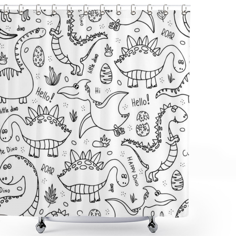 Personality  Seamless Pattern With Funny Dinosaurs. Cute Dino Background. Black And White Drawn Vector Background. Shower Curtains