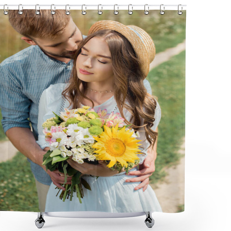 Personality  Tender Man Hugging Girlfriend With Bouquet Of Wild Flowers In Summer Field Shower Curtains