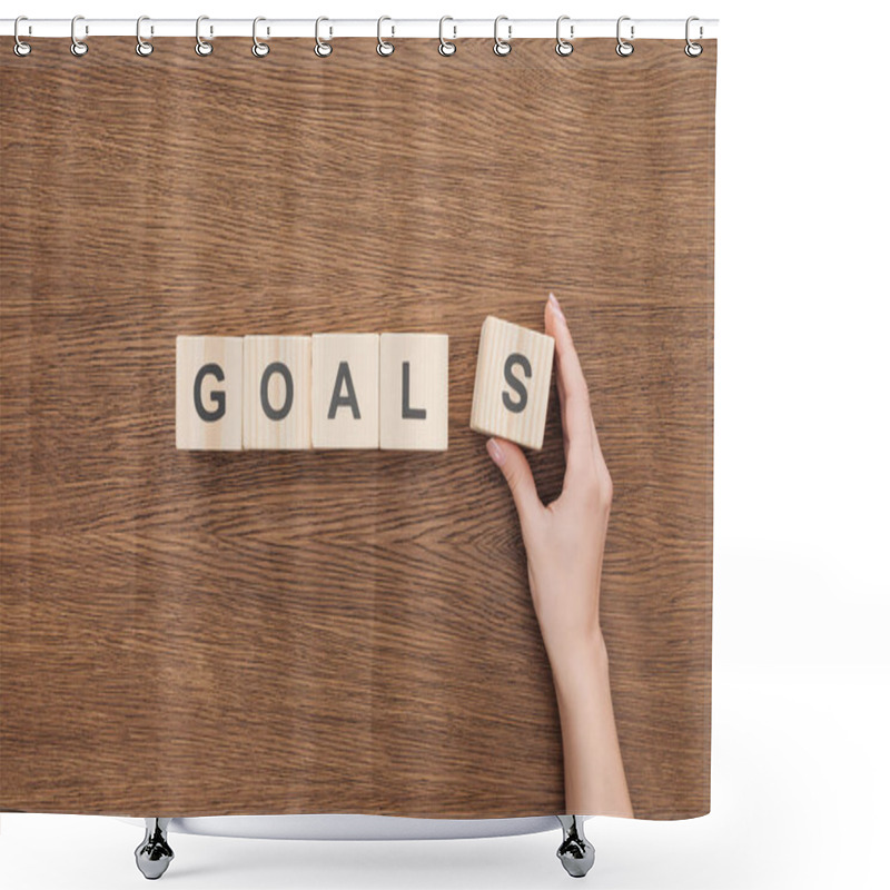 Personality  Cropped View Of Person Adjusting 'goals' Word Made Of Wooden Blocks On Wooden Tabletop, Goal Setting Concept Shower Curtains