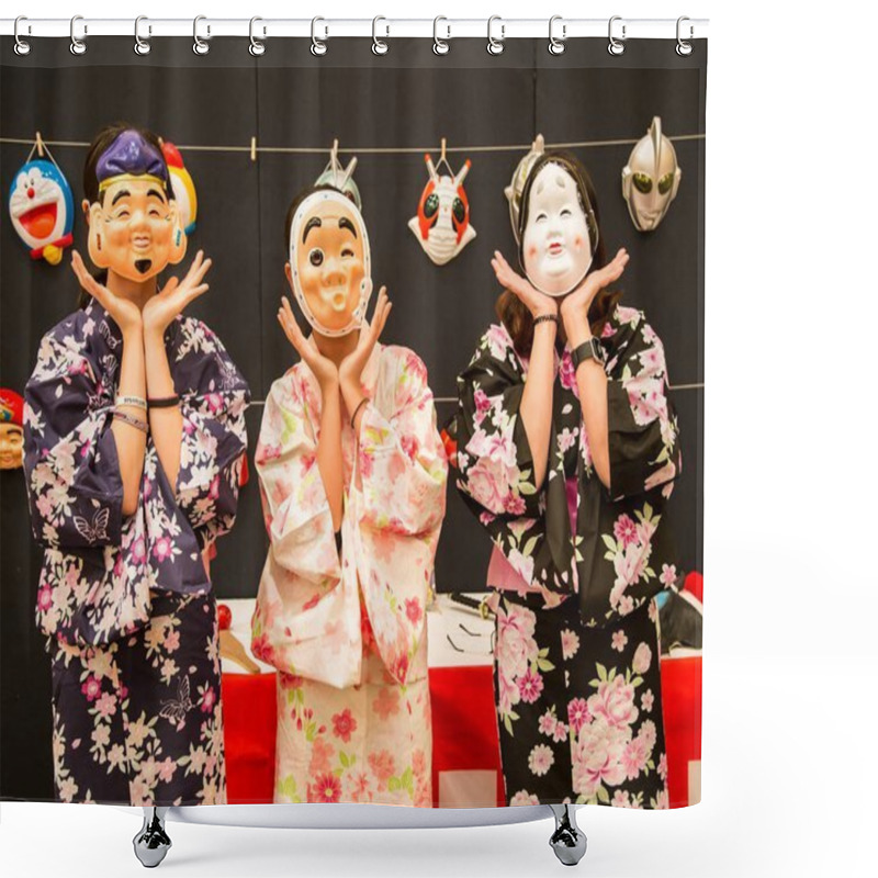 Personality  Asian Tourists Wearing Japanese Funny Folk Character Masks And T Shower Curtains