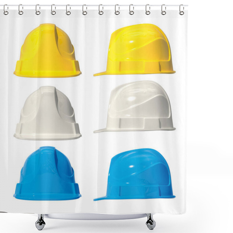 Personality  3d Illustration Of Building Helmets. Isolated. Set. Yellow, Blue, Wghite. 3d Modeling. Shower Curtains