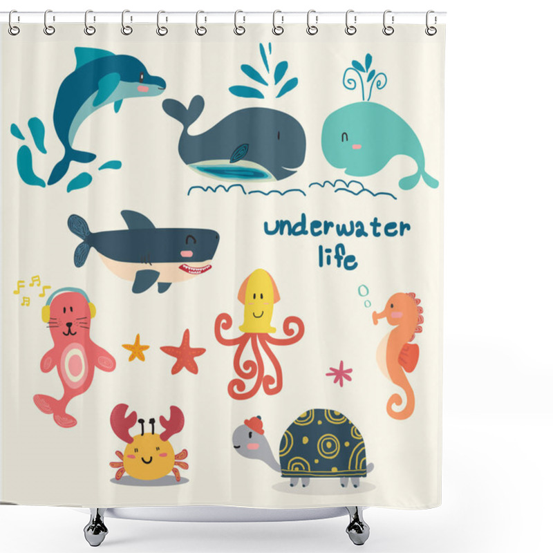 Personality  Set Of Animal Under Sea Life, Starfish, Turtle, Octopus, Seahorse, Crab, Dolphin, Whale, Seal, Shark, Flat Cartoon Vector Shower Curtains