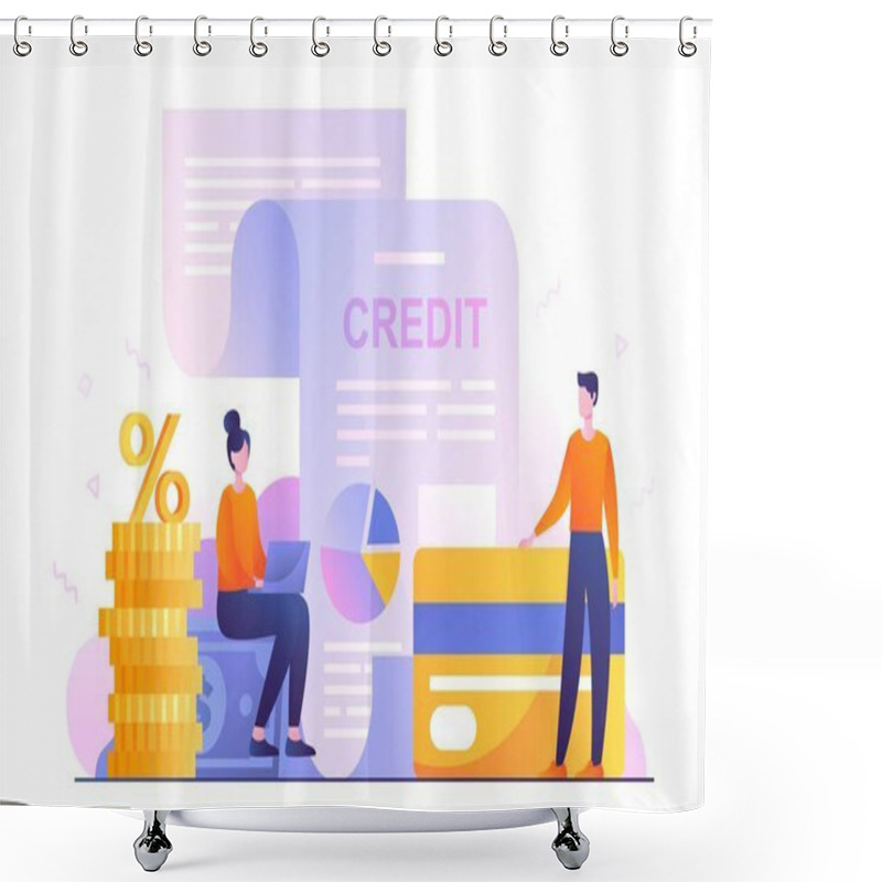 Personality  People With Credit. Man And Woman With Bank Card And Gold Coins Evaluating Documents. Financial Literacy, Analysis Of Savings And Family Budget. Debt And Interest. Cartoon Flat Vector Illustration Shower Curtains