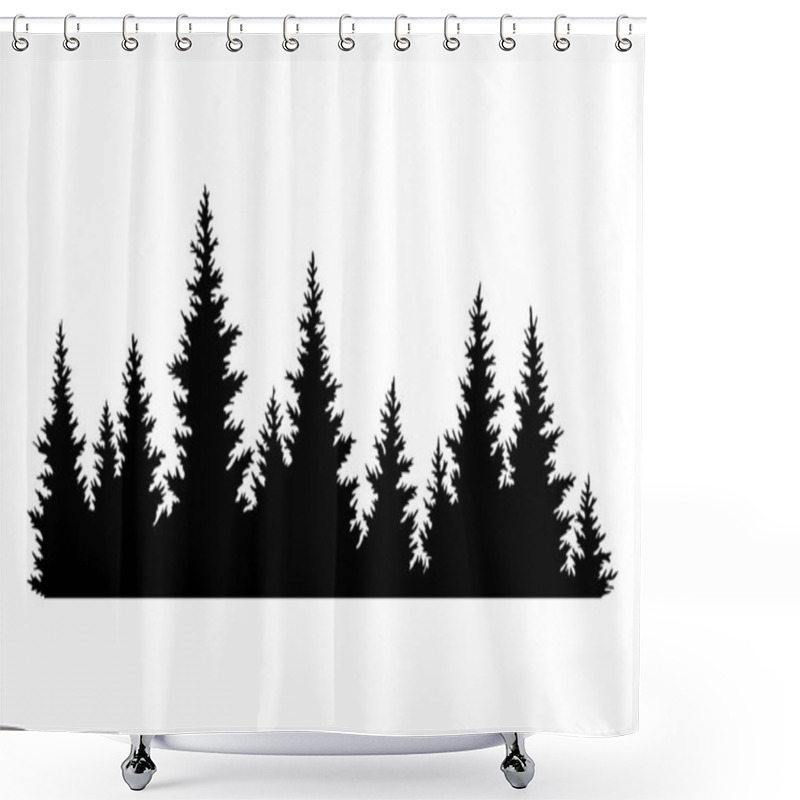 Personality  Fir Trees Silhouette. Coniferous Spruce Horizontal Background Pattern, Black Evergreen Woods Vector Illustration. Beautiful Hand Drawn Panorama Of Coniferous Forest. Shower Curtains