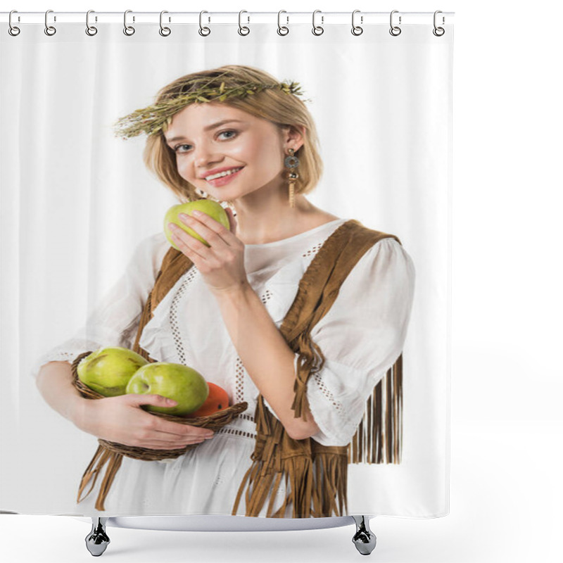 Personality  Pretty Boho Girl In Wreath With Ripe Apples Isolated On White Shower Curtains